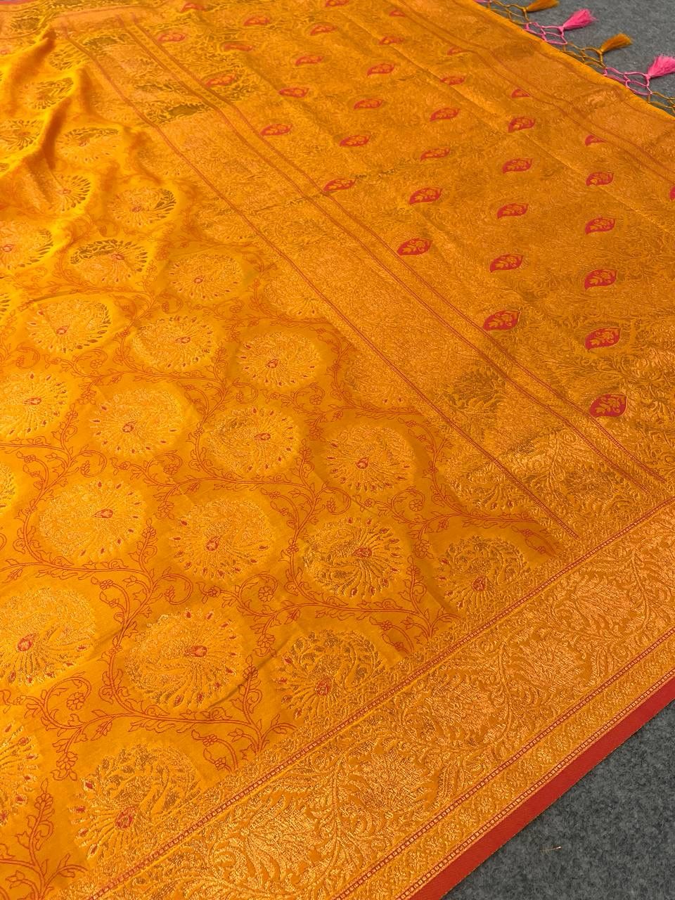 Stimulating Mustard Color Kanjivaram Silk Saree With Blouse Piece