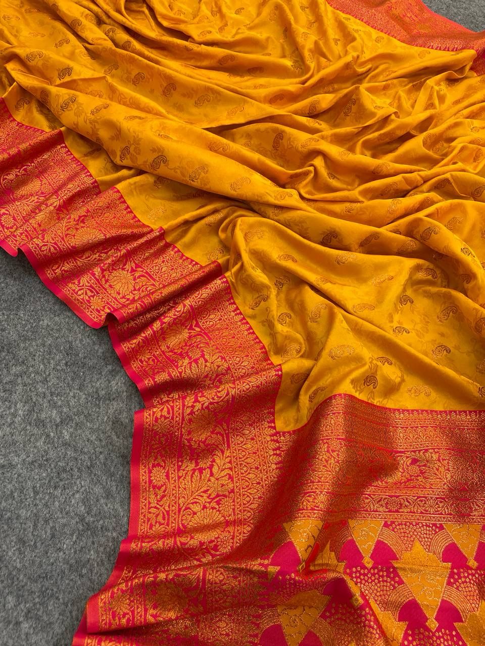 Mesmerizing Yellow Color Banarasi Soft Silk Saree With Blouse Piece