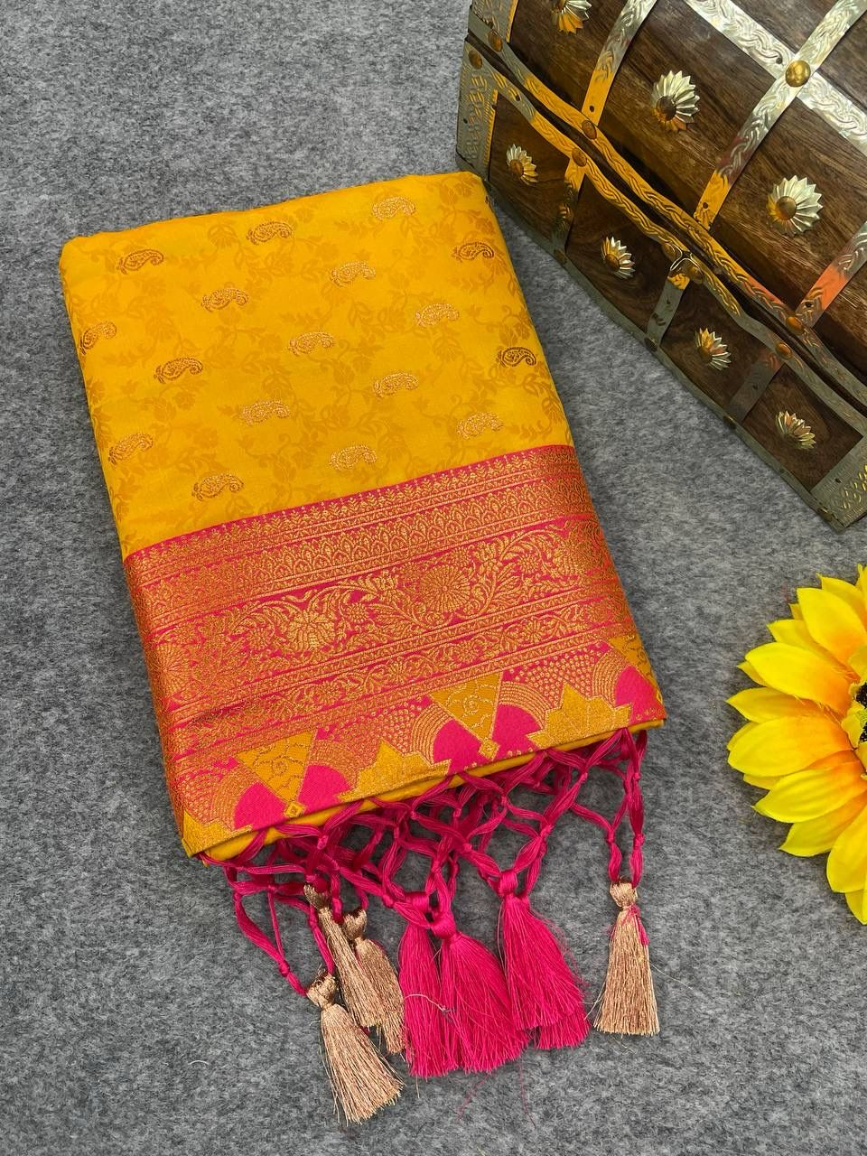 Mesmerizing Yellow Color Banarasi Soft Silk Saree With Blouse Piece