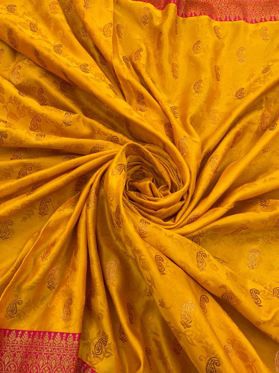 Mesmerizing Yellow Color Banarasi Soft Silk Saree With Blouse Piece