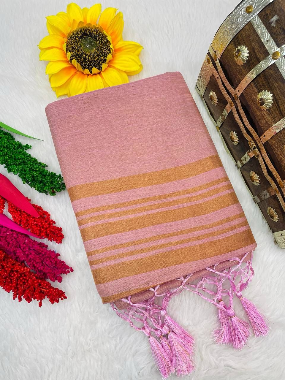 Dazzlingly Baby Pink Color Cotton Linen Silk Saree With Blouse Piece