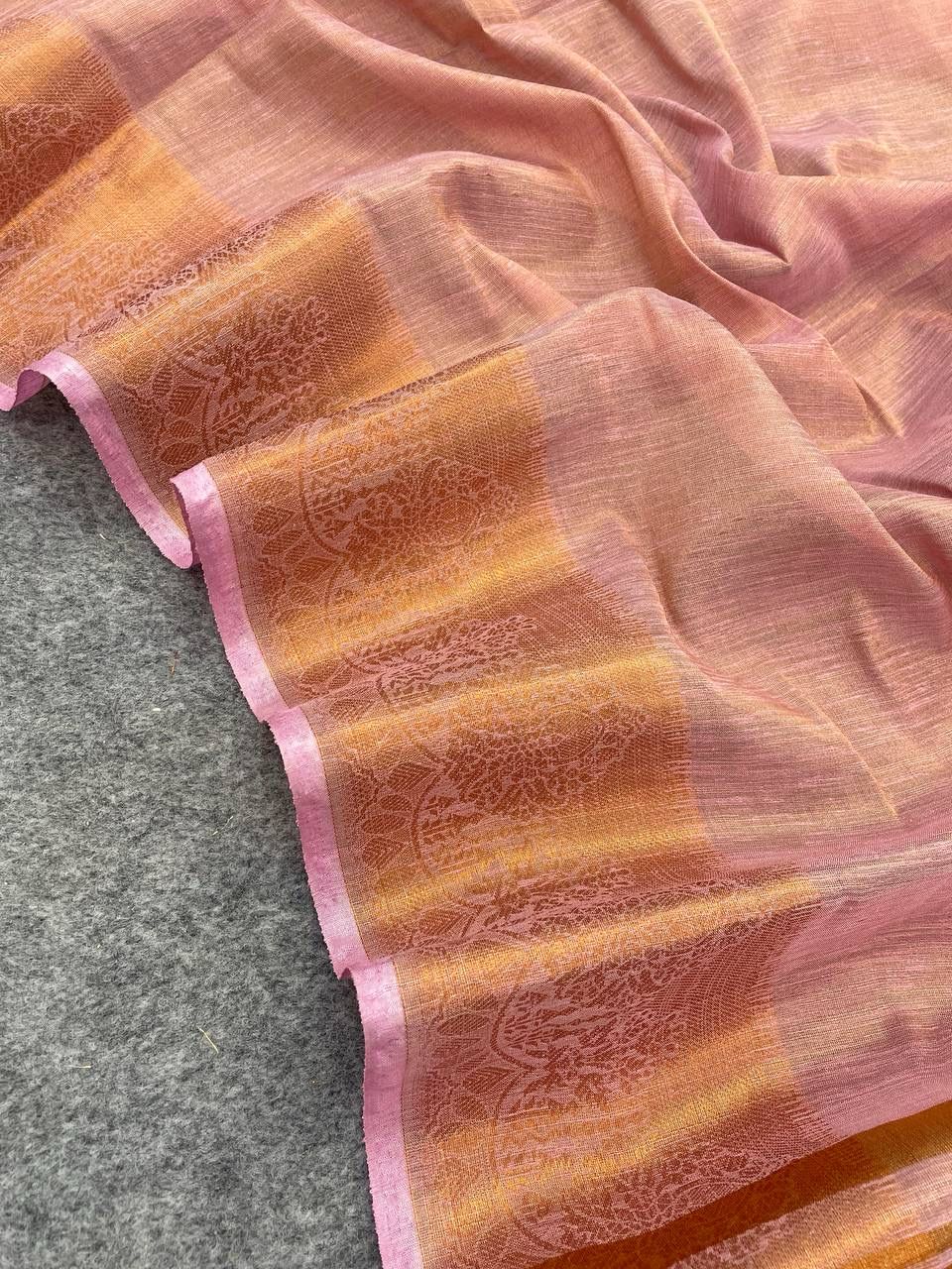 Dazzlingly Baby Pink Color Cotton Linen Silk Saree With Blouse Piece