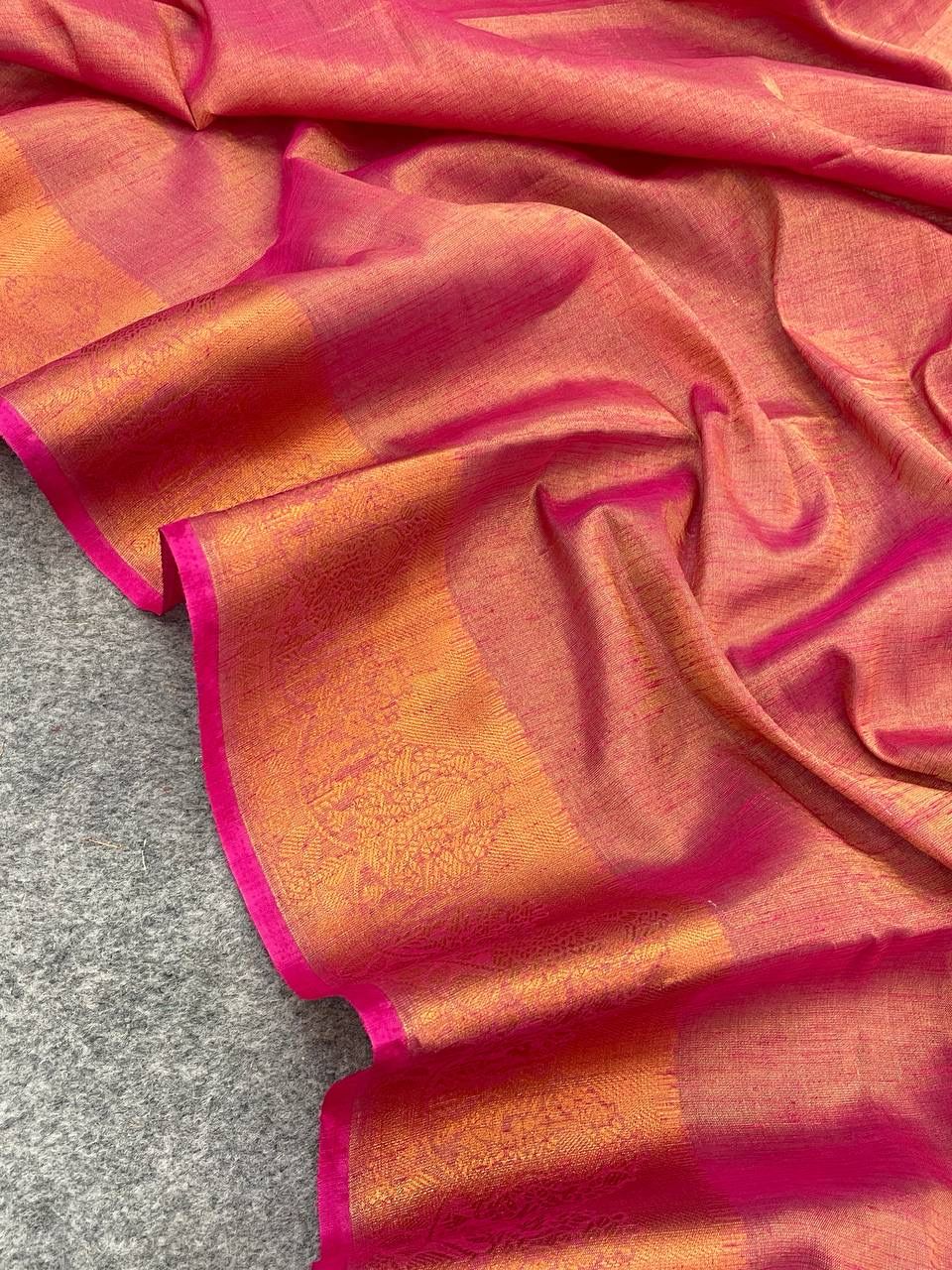 Enthralling Pink Color Cotton Linen Silk Saree With Blouse Piece