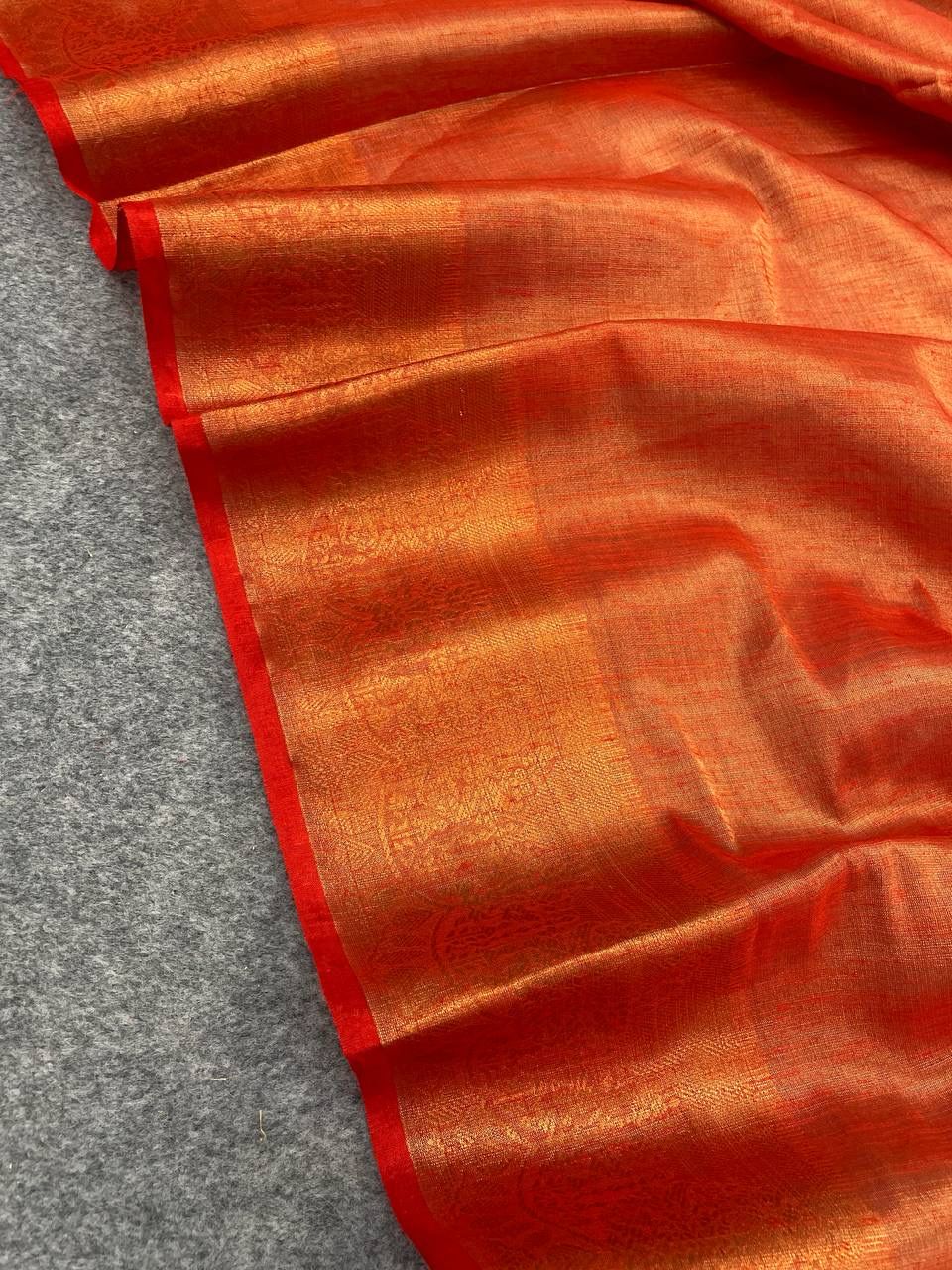 Shining Red Color Cotton Linen Silk Saree With Blouse Piece