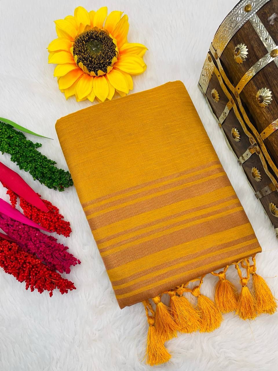 Delicate Yellow Color Cotton Linen Silk Saree With Blouse Piece