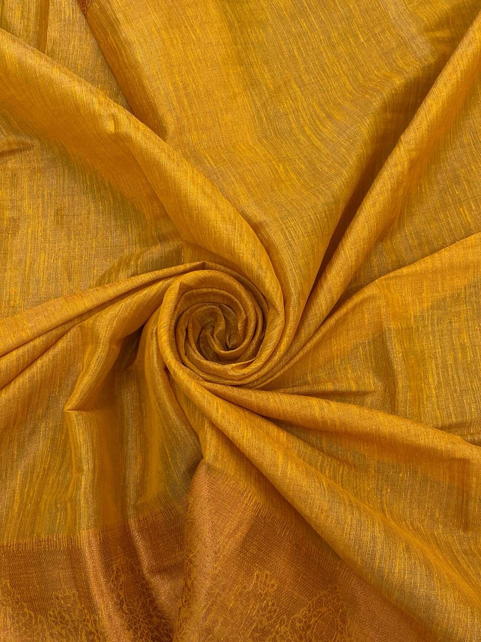 Delicate Yellow Color Cotton Linen Silk Saree With Blouse Piece