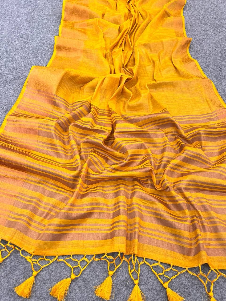 Delicate Yellow Color Cotton Linen Silk Saree With Blouse Piece