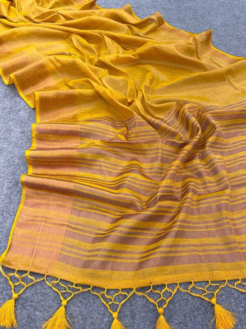 Delicate Yellow Color Cotton Linen Silk Saree With Blouse Piece