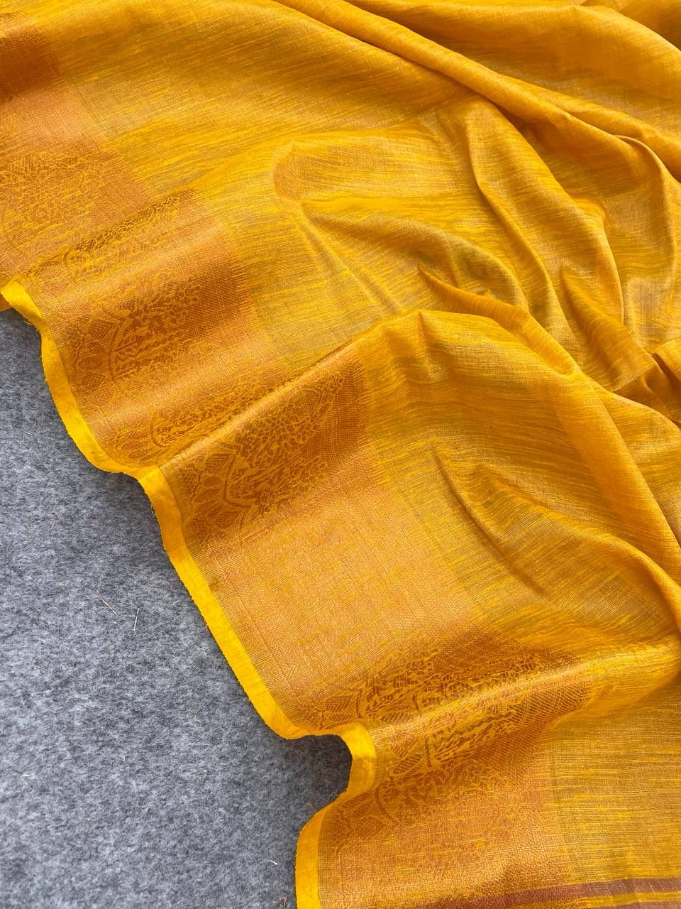 Delicate Yellow Color Cotton Linen Silk Saree With Blouse Piece