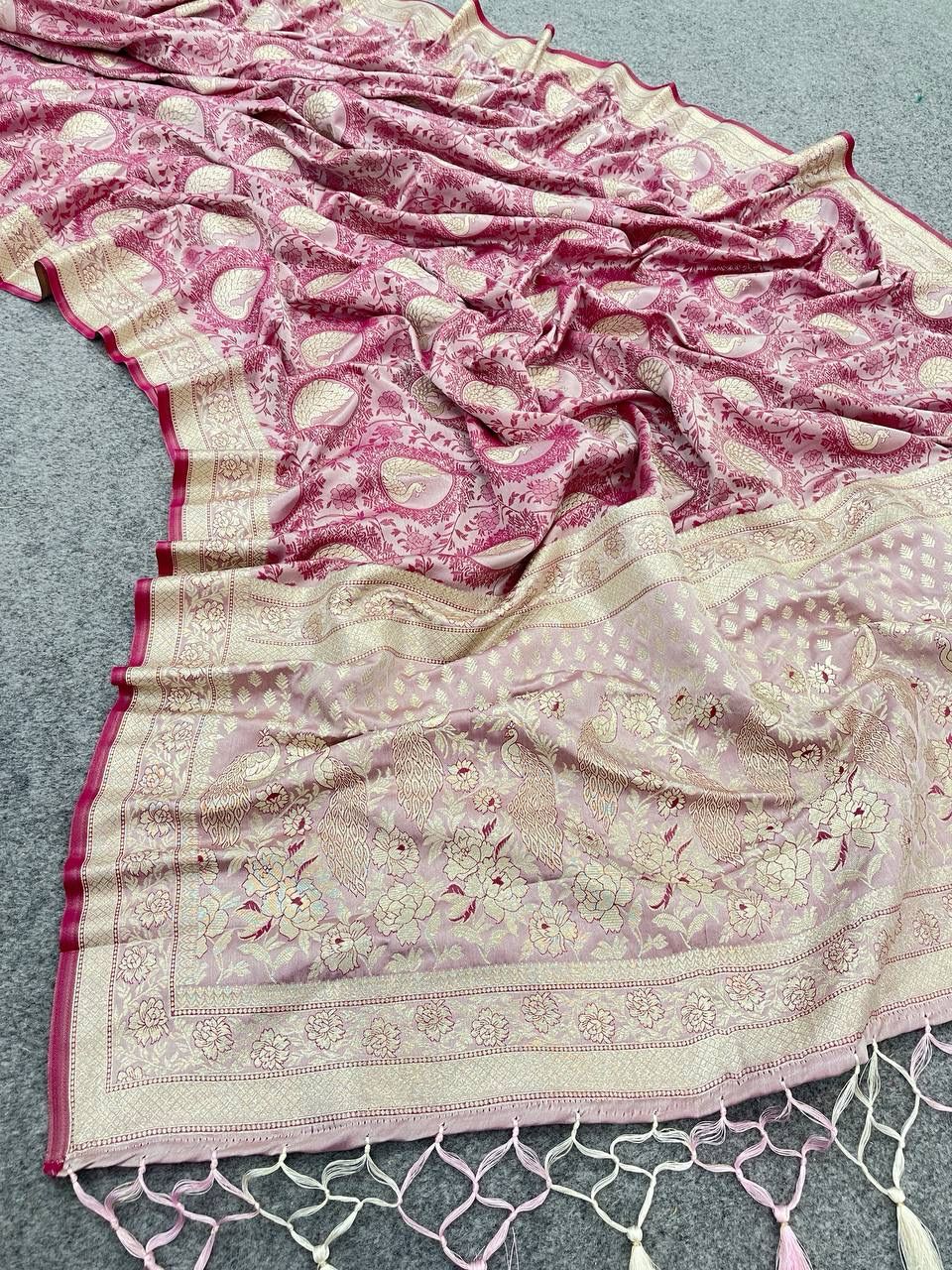 Mesmerizing Pink Color Banarasi Soft Silk Saree With Blouse Piece