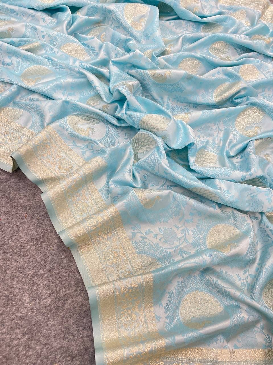 Shiny Sky Blue Color Banarasi Soft Silk Saree With Blouse Piece