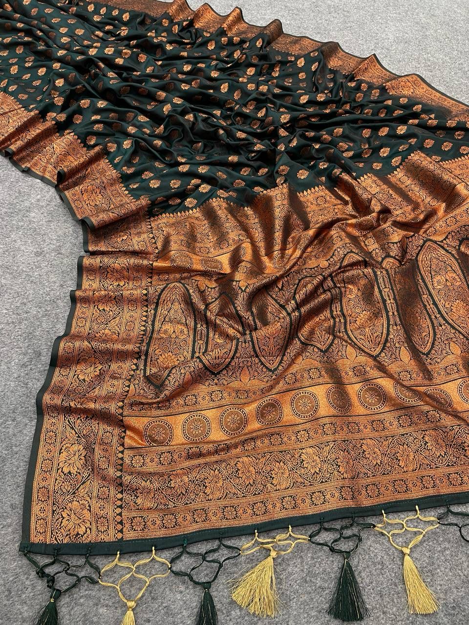 Graceful Dark Green Color Banarasi Soft Silk Saree With Blouse Piece