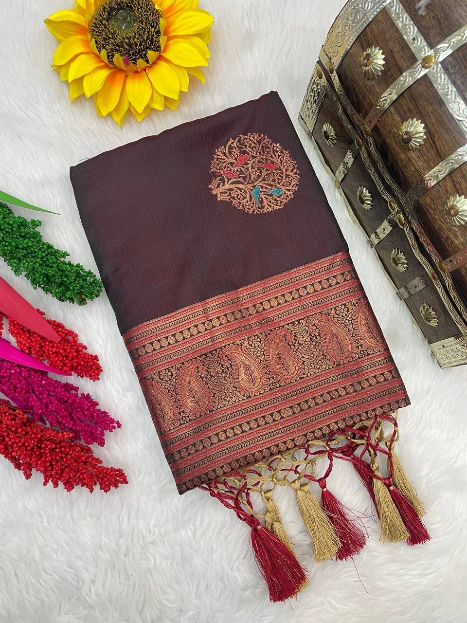 Enthralling Brown Color Banarasi Soft Silk Saree With Blouse Piece