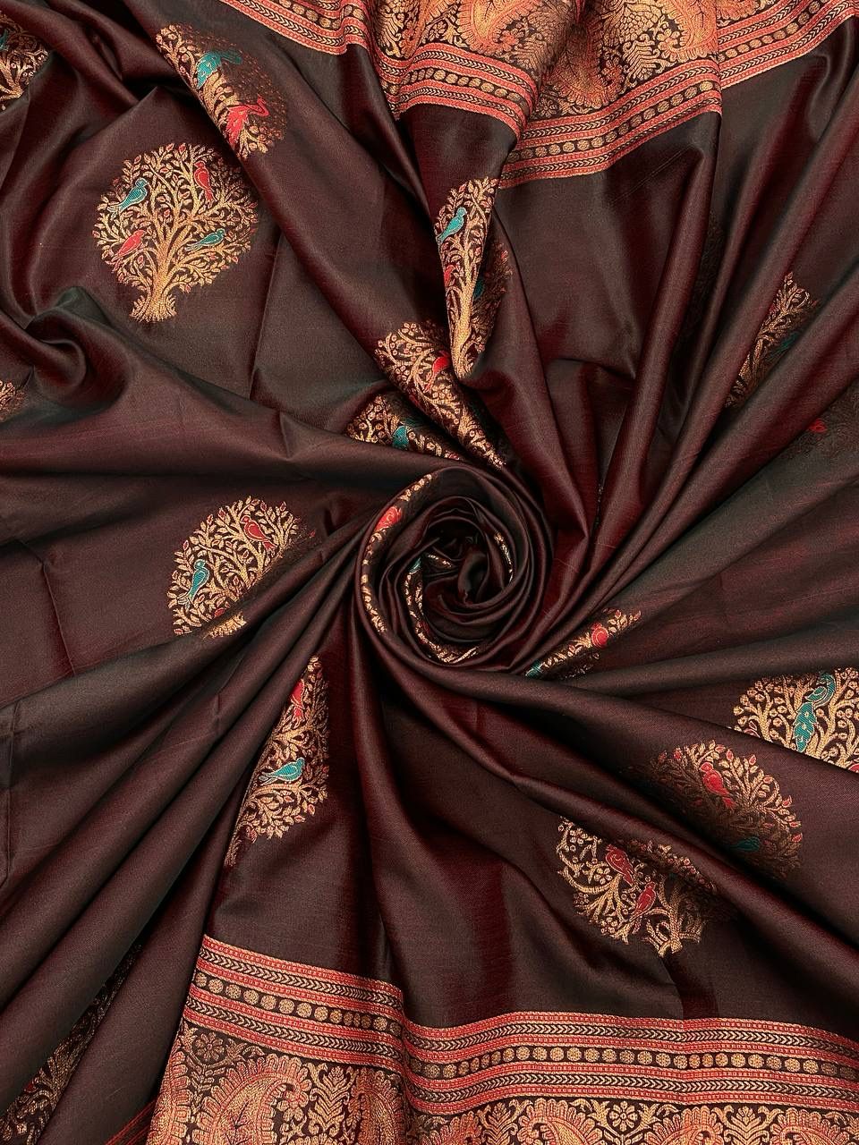 Enthralling Brown Color Banarasi Soft Silk Saree With Blouse Piece