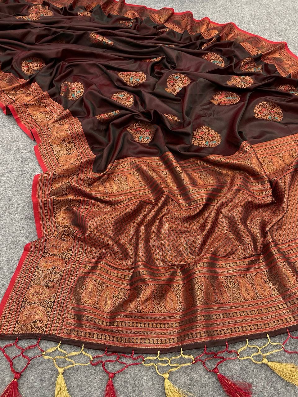 Enthralling Brown Color Banarasi Soft Silk Saree With Blouse Piece