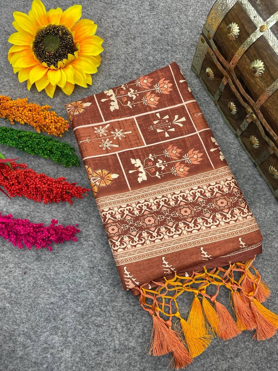 Heavenly Brown Color Digital Printed Dola Silk Saree With Blouse Piece