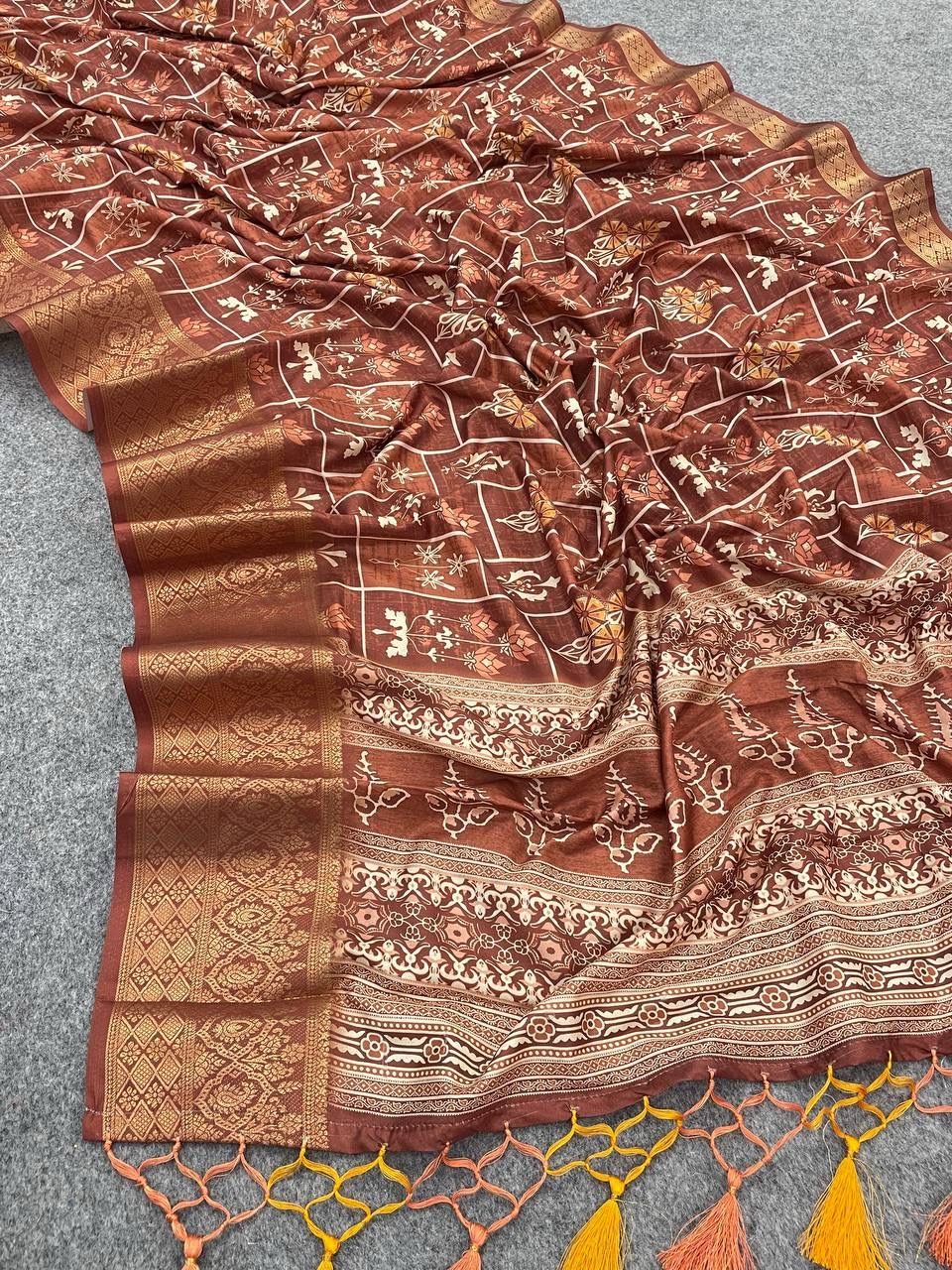 Heavenly Brown Color Digital Printed Dola Silk Saree With Blouse Piece