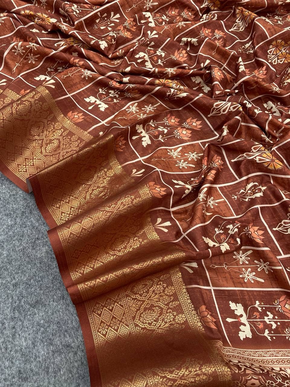 Heavenly Brown Color Digital Printed Dola Silk Saree With Blouse Piece