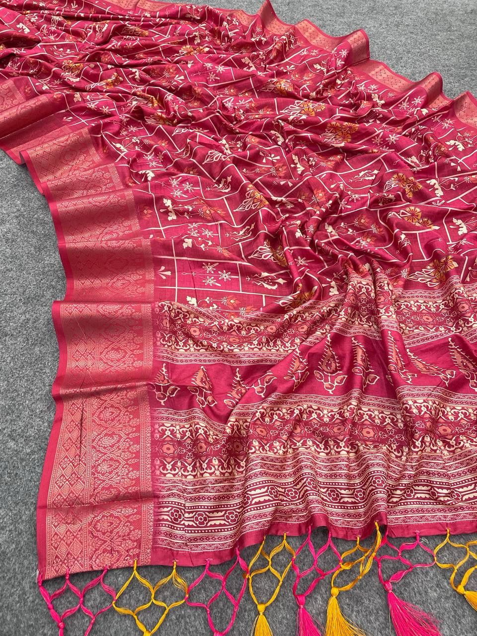 Dazzling Dark Pink Color Digital Printed Dola Silk Saree With Blouse Piece