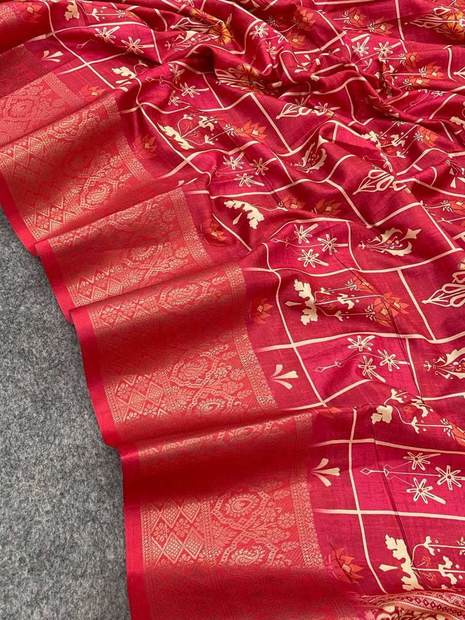 Dazzling Dark Pink Color Digital Printed Dola Silk Saree With Blouse Piece