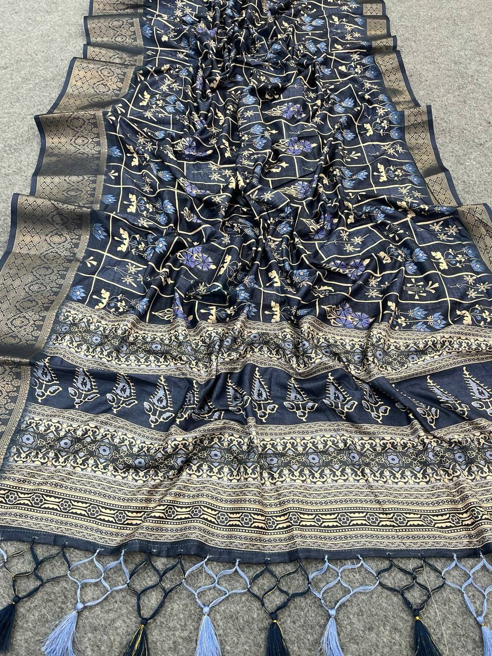 Incandescent Grey Color Digital Printed Dola Silk Saree With Blouse Piece