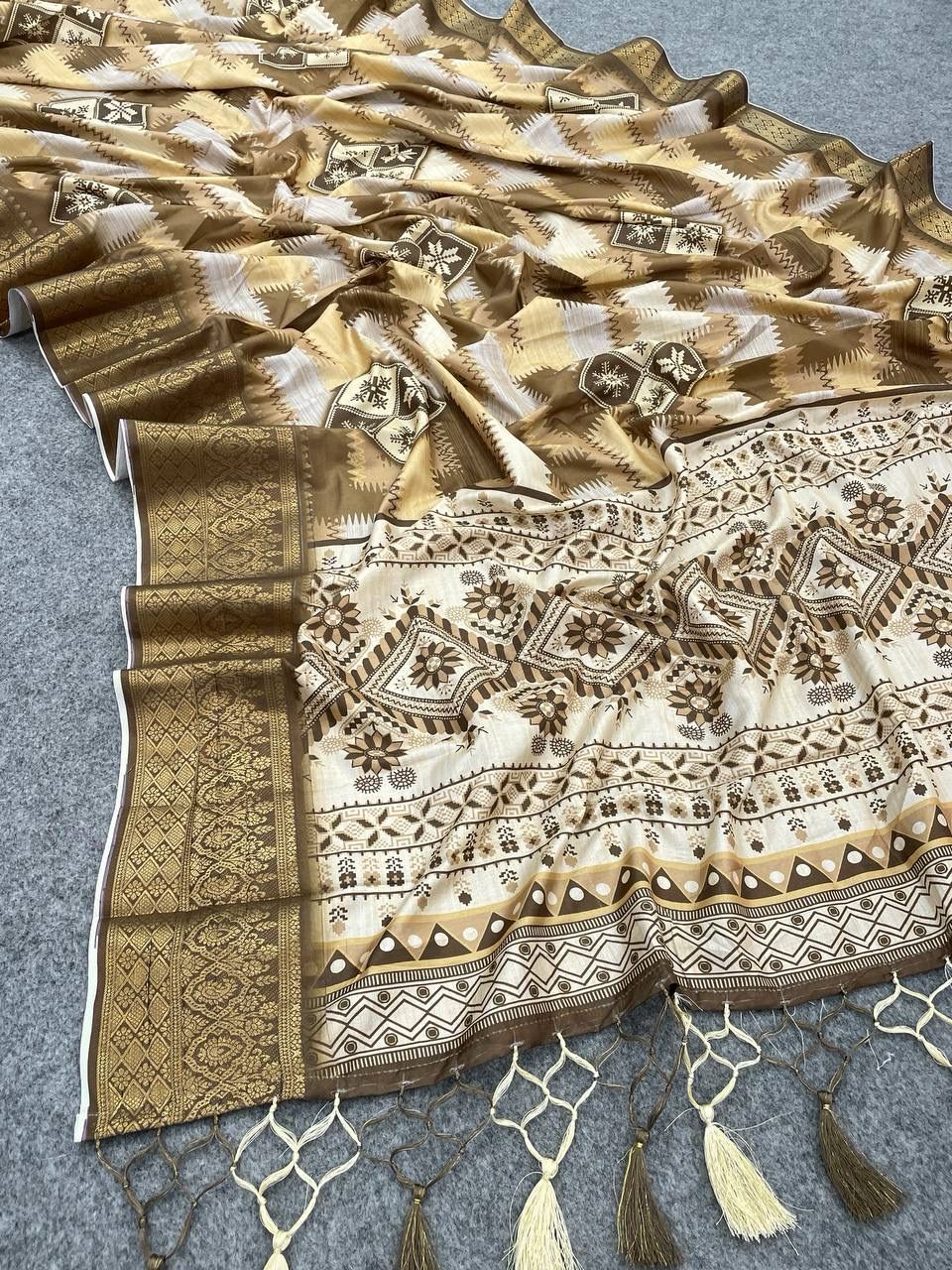 Gleaming Brown Color Digital Printed Dola Silk Saree With Blouse Piece