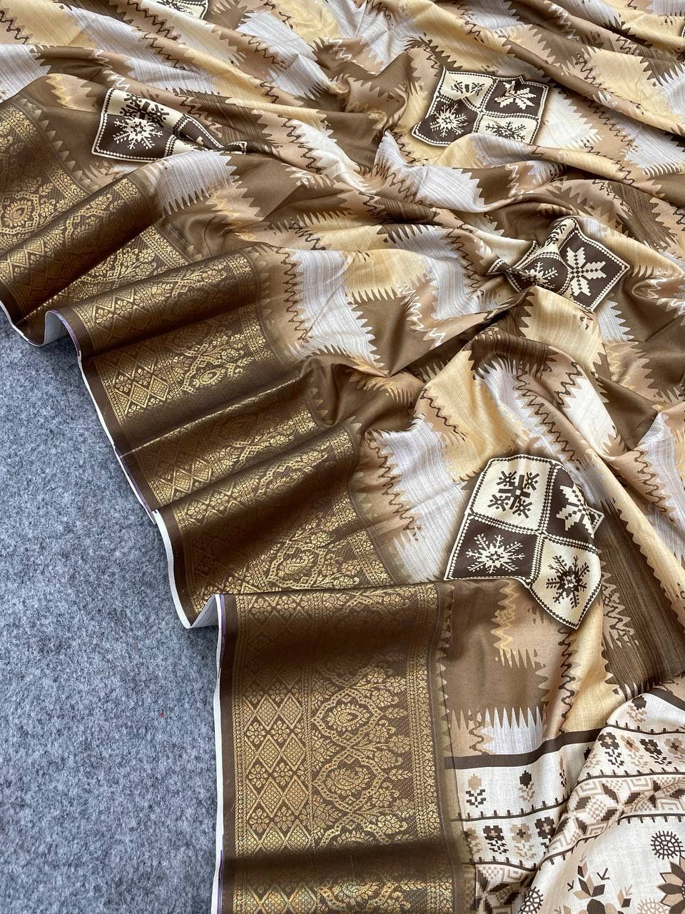 Gleaming Brown Color Digital Printed Dola Silk Saree With Blouse Piece