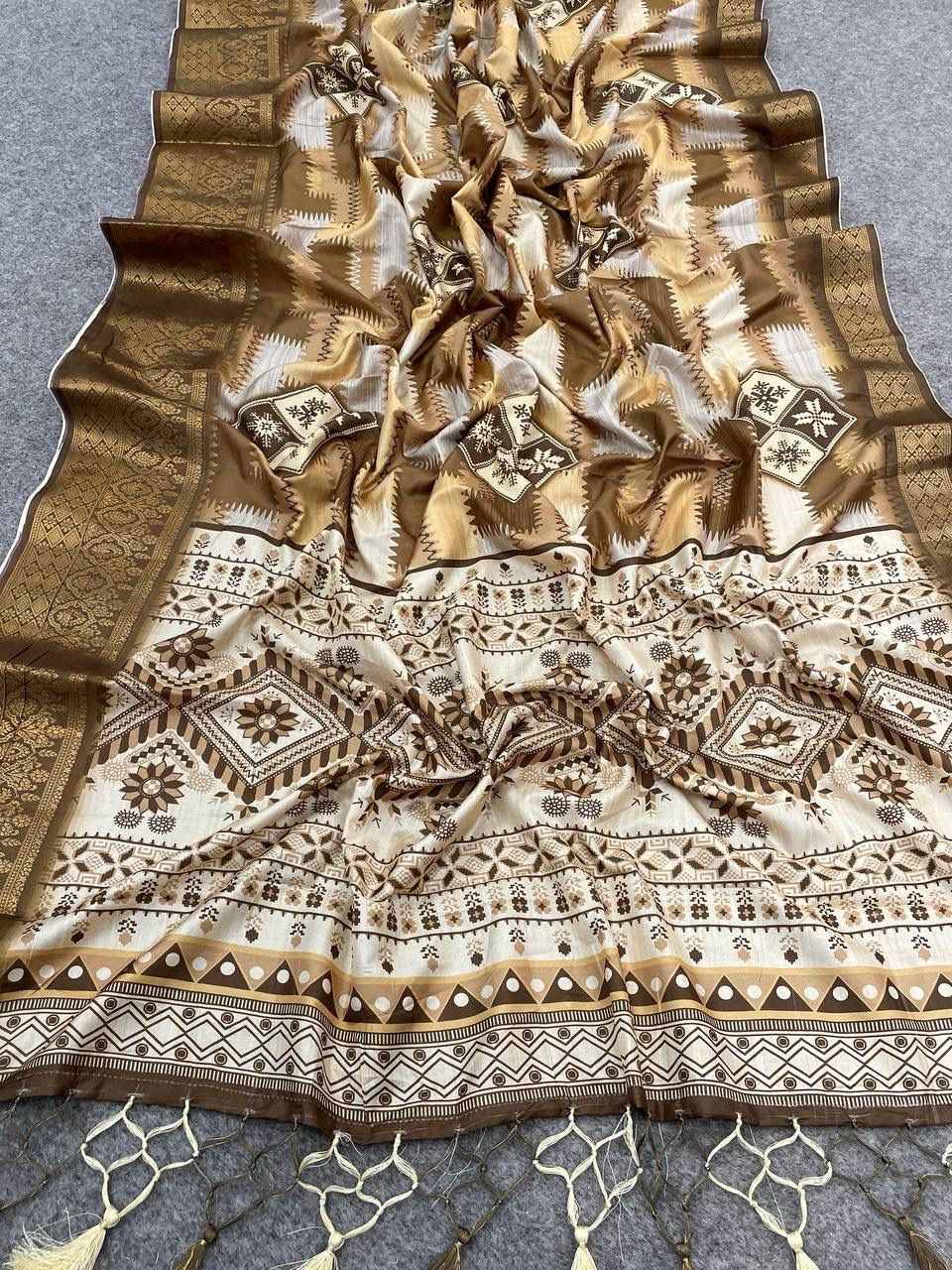 Gleaming Brown Color Digital Printed Dola Silk Saree With Blouse Piece