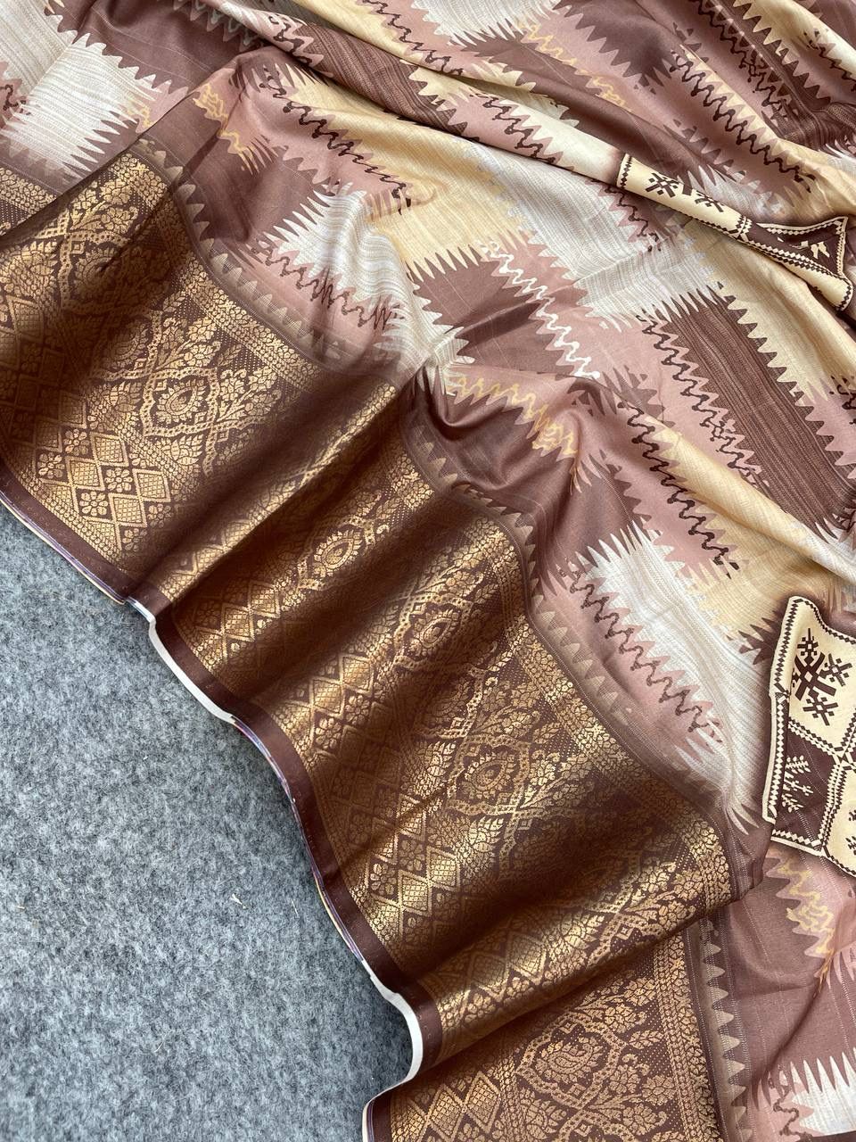 Enigmatic Brown Color Digital Printed Dola Silk Saree With Blouse Piece