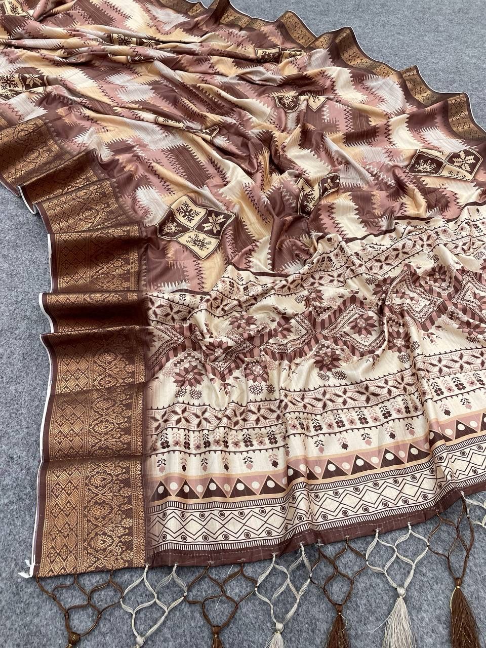 Enigmatic Brown Color Digital Printed Dola Silk Saree With Blouse Piece