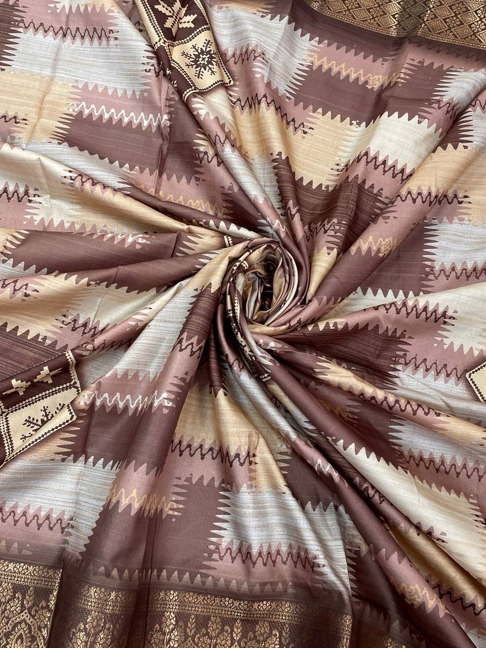 Enigmatic Brown Color Digital Printed Dola Silk Saree With Blouse Piece