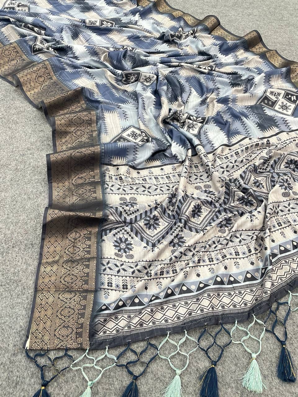 Effulgent Grey Color Digital Printed Dola Silk Saree With Blouse Piece