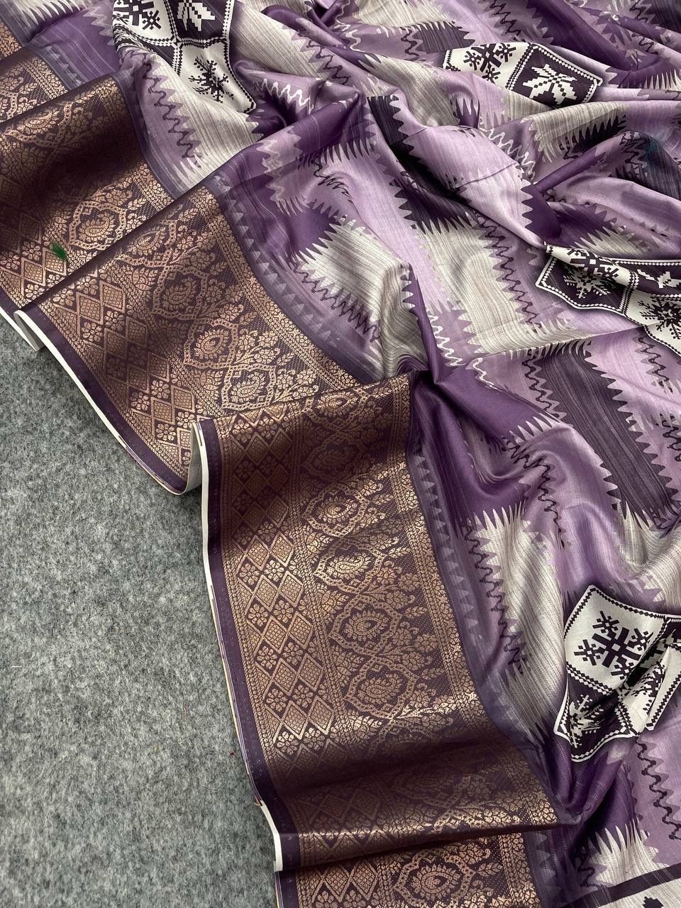 Luminous Purple Color Digital Printed Dola Silk Saree With Blouse Piece