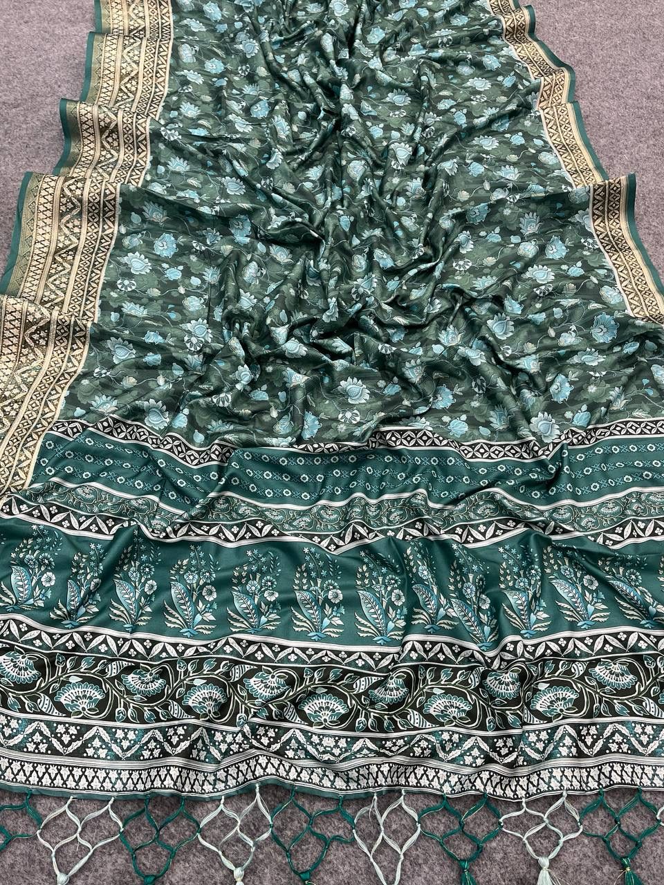 Bewitching Rama Green Color Digital Printed Printed Dola Silk Saree With Blouse Piece