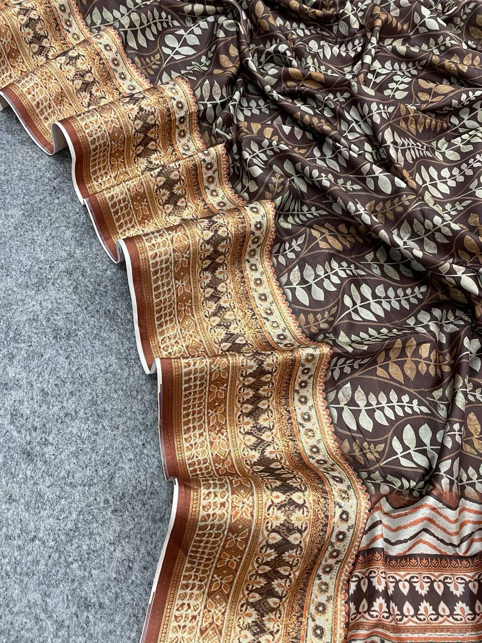 Stunning Brown Color Digital Printed Dola Silk Saree With Blouse Piece