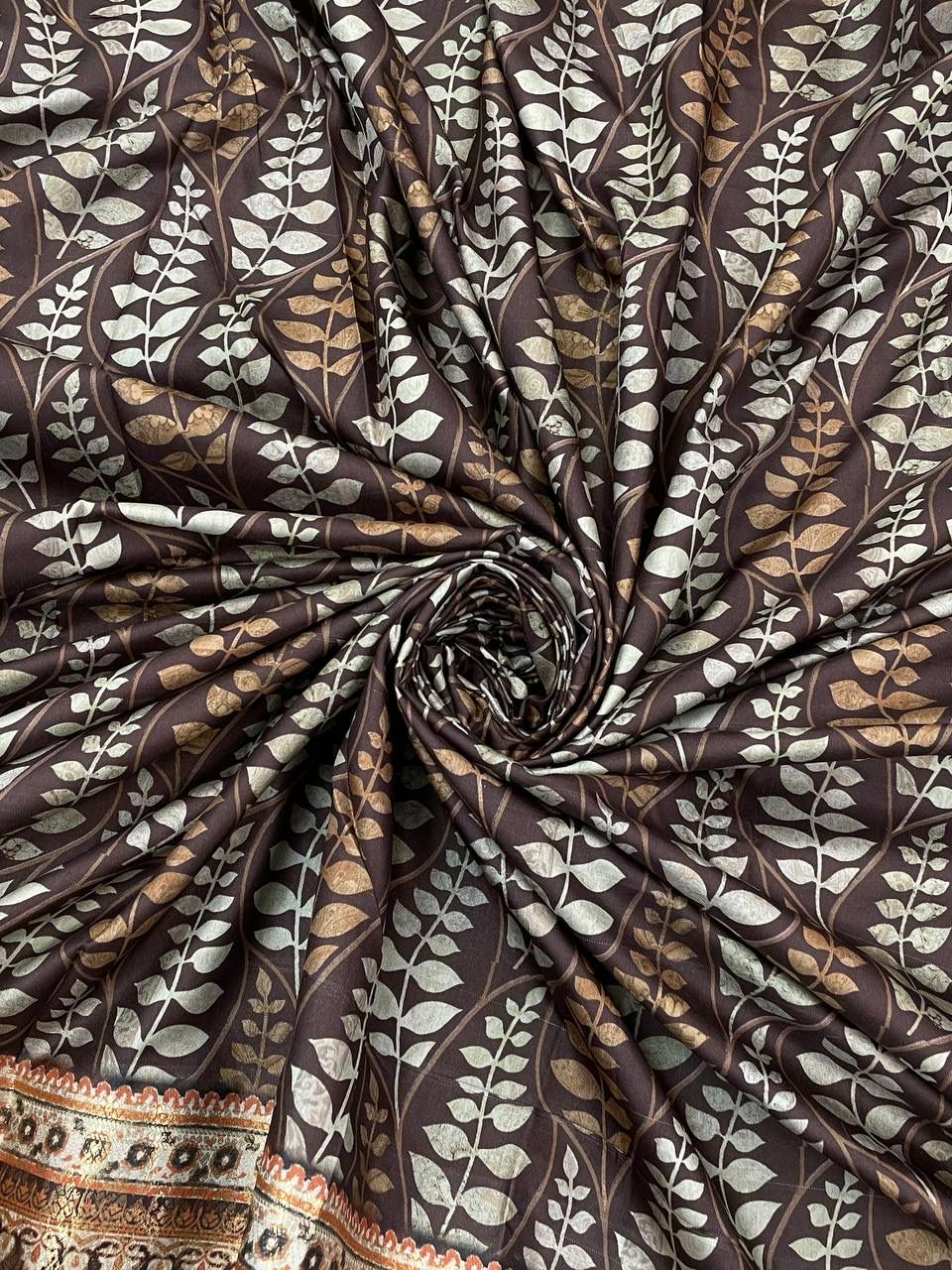 Stunning Brown Color Digital Printed Dola Silk Saree With Blouse Piece