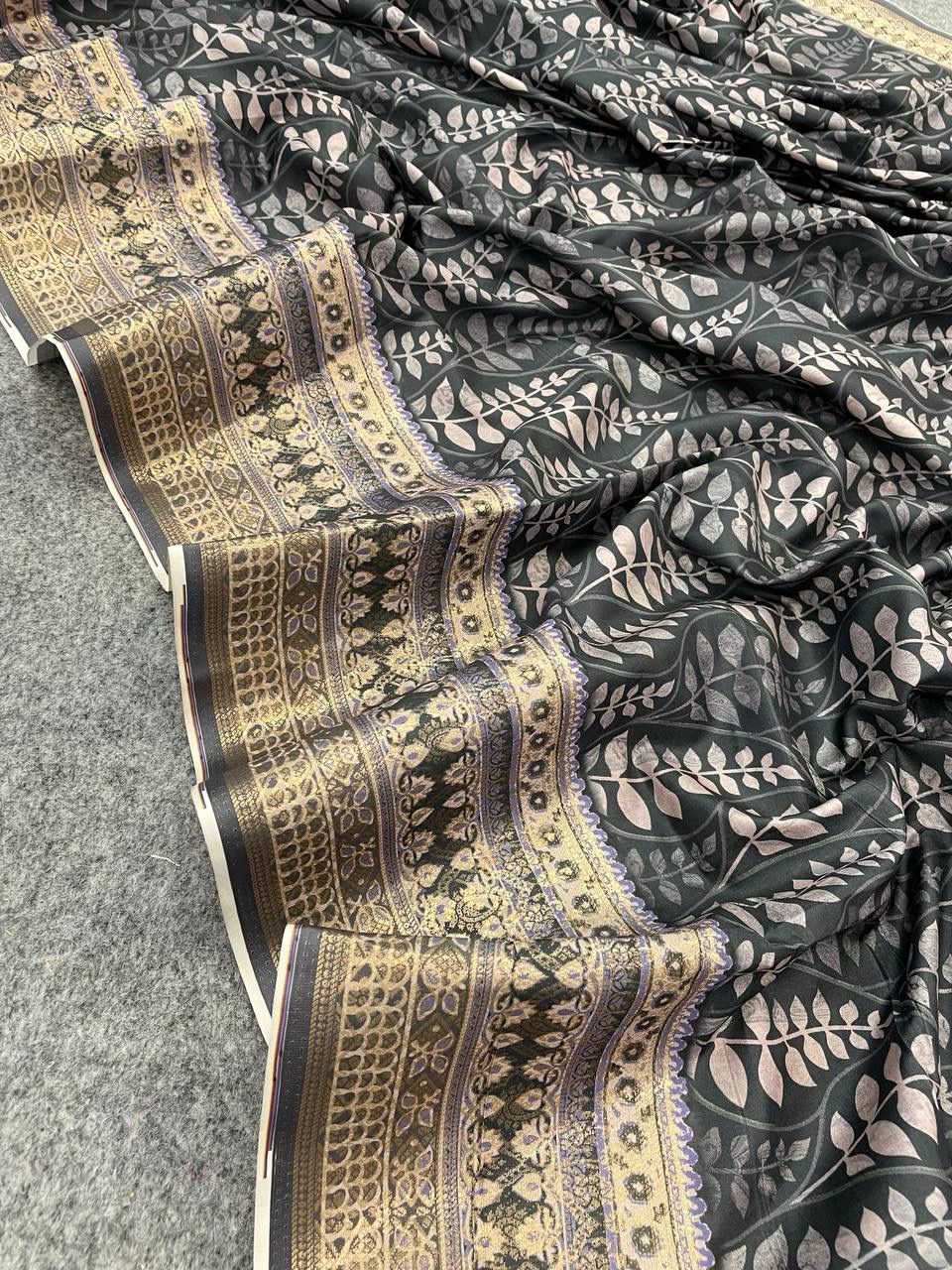 Scintillant Grey Color Digital Printed Dola Silk Saree With Blouse Piece