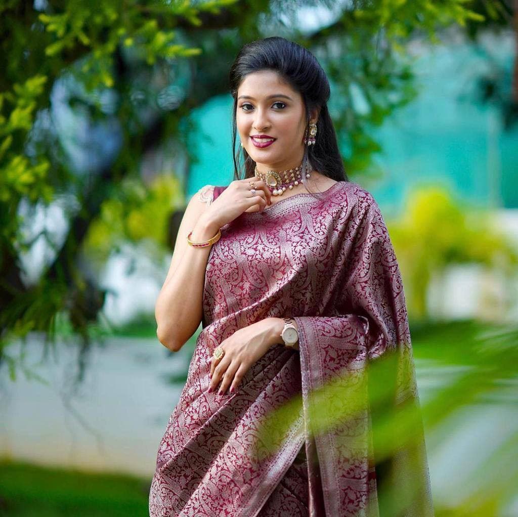 Opulent Dark Maroon Color Banarasi Soft Silk Saree With Blouse Piece