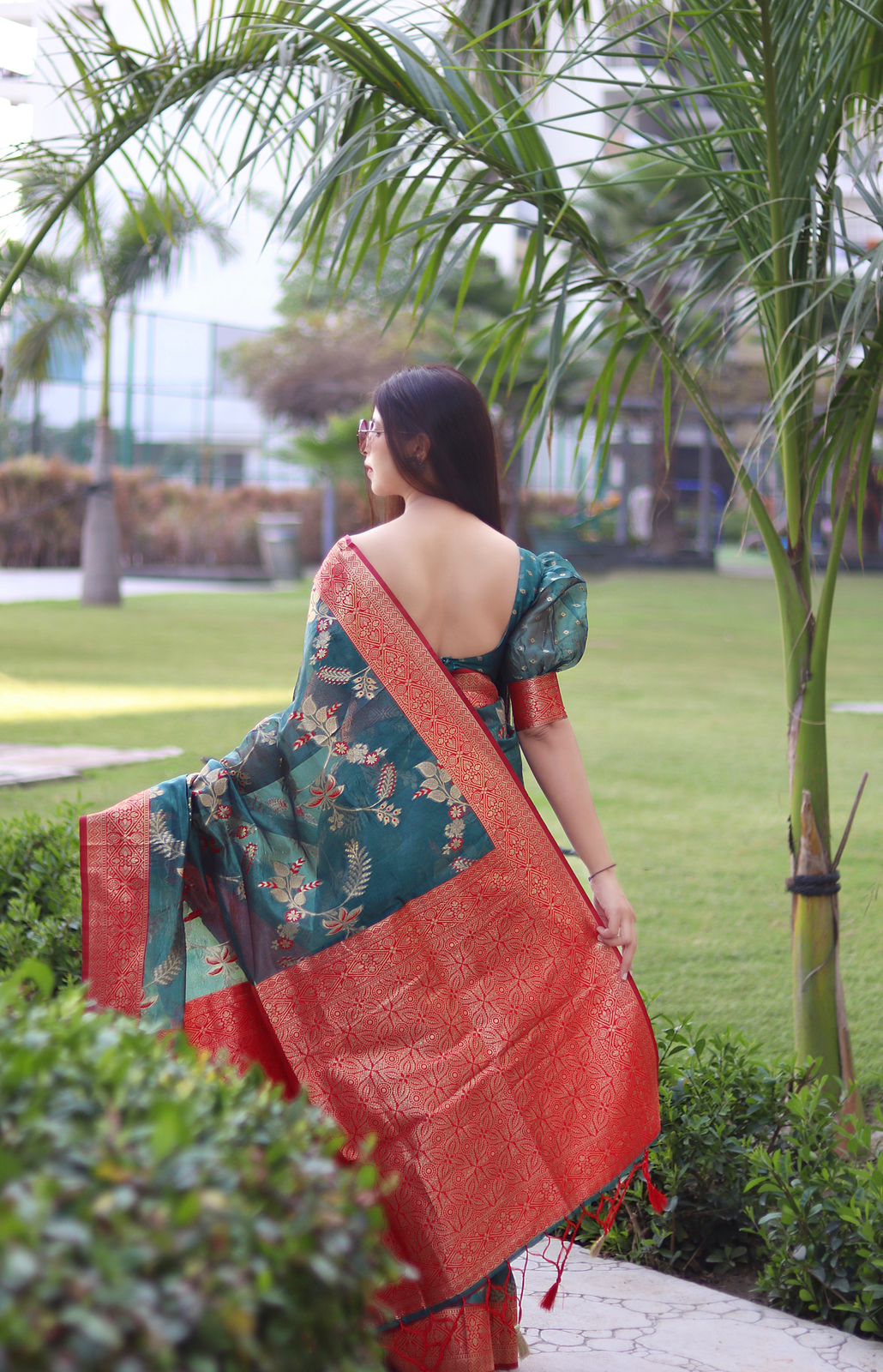 Sublime Rama Green Color Organza Silk Saree With Blouse Piece