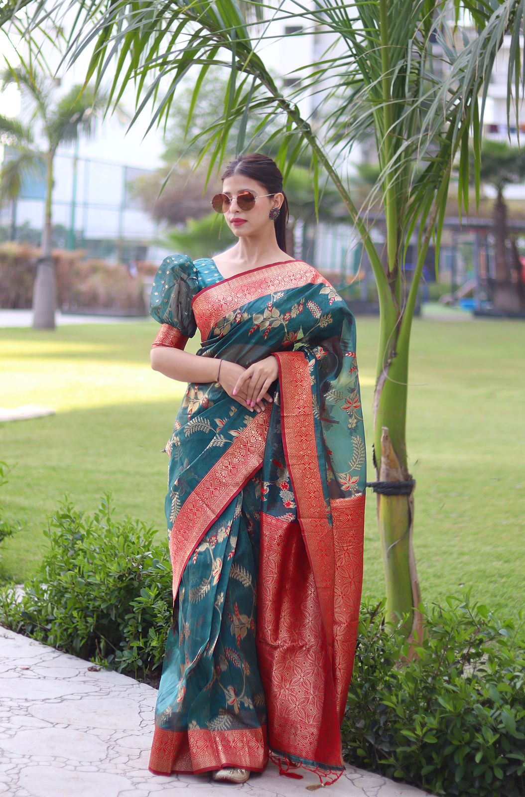 Sublime Rama Green Color Organza Silk Saree With Blouse Piece