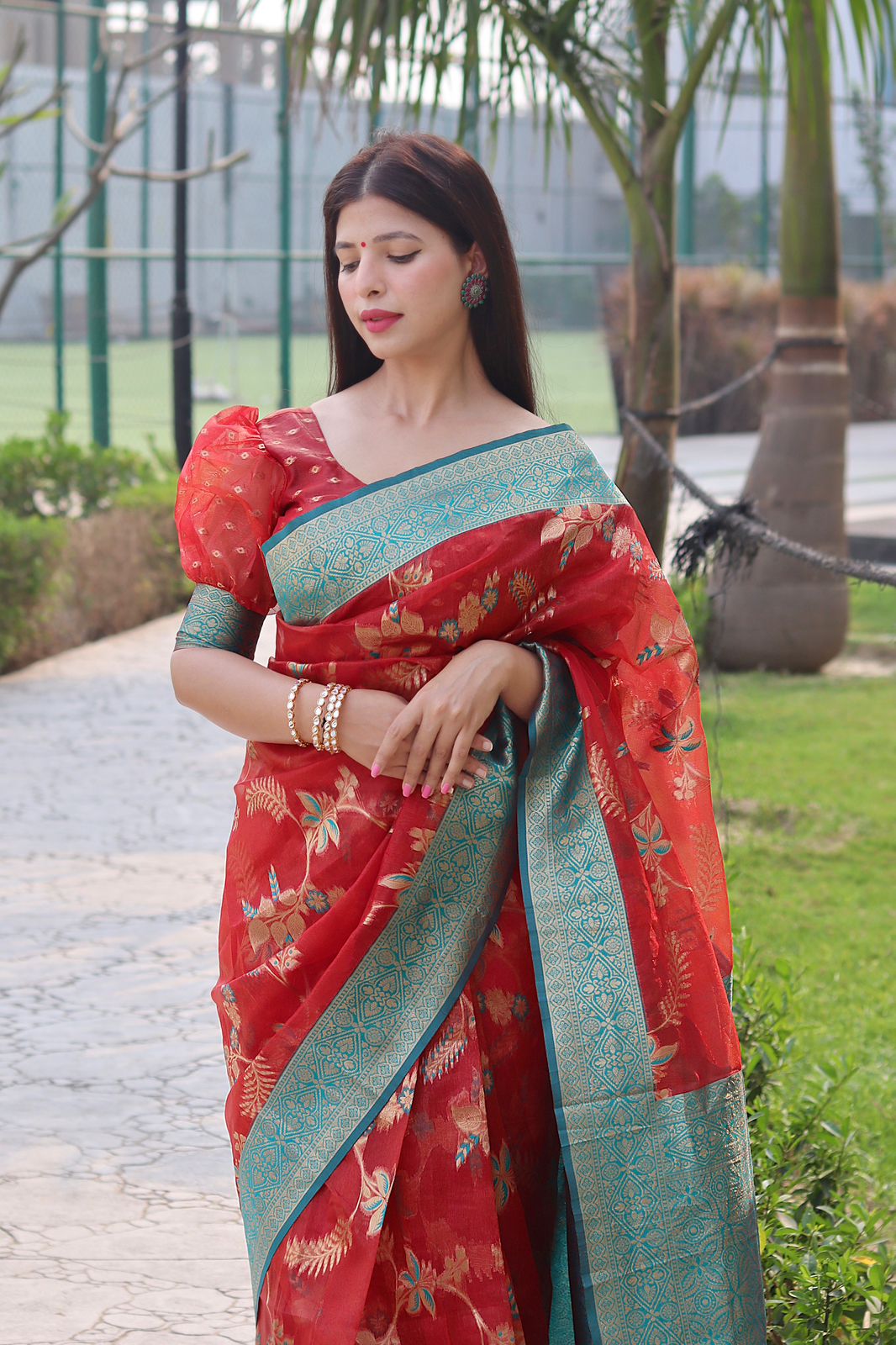 Gleamy Red Color Organza Silk Saree With Blouse Piece