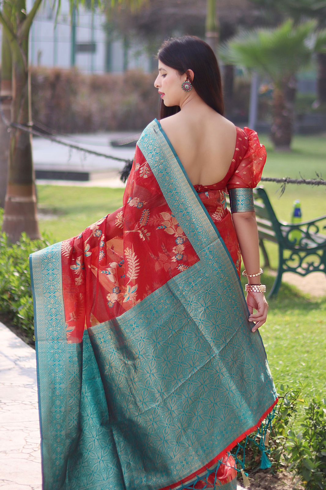 Gleamy Red Color Organza Silk Saree With Blouse Piece