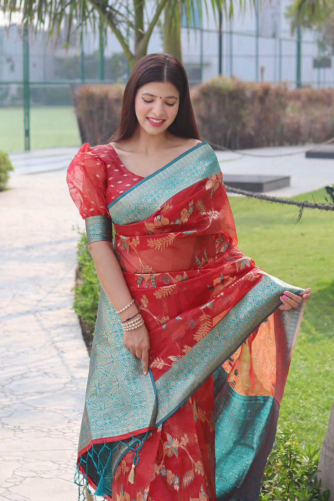 Gleamy Red Color Organza Silk Saree With Blouse Piece