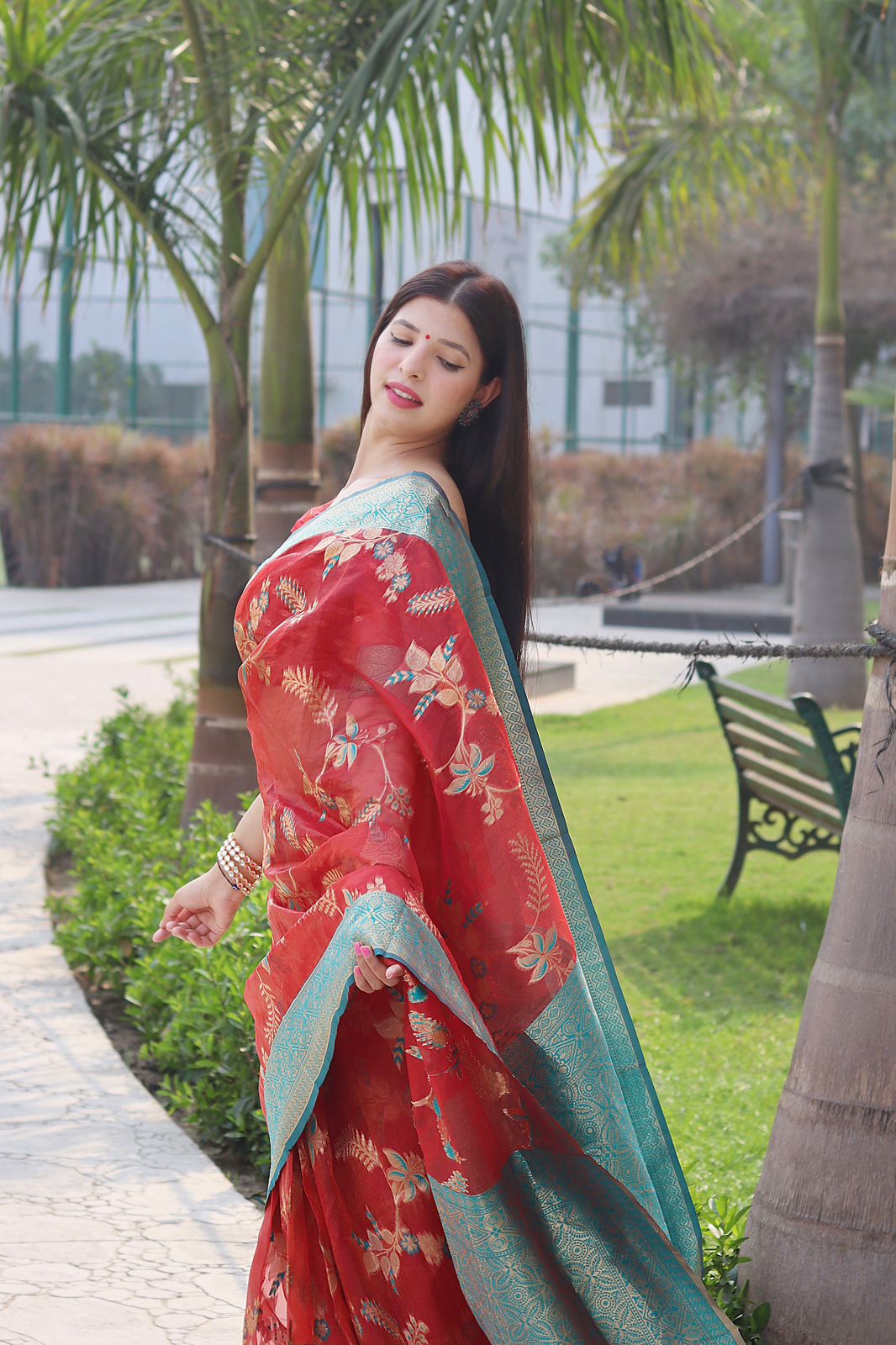 Gleamy Red Color Organza Silk Saree With Blouse Piece