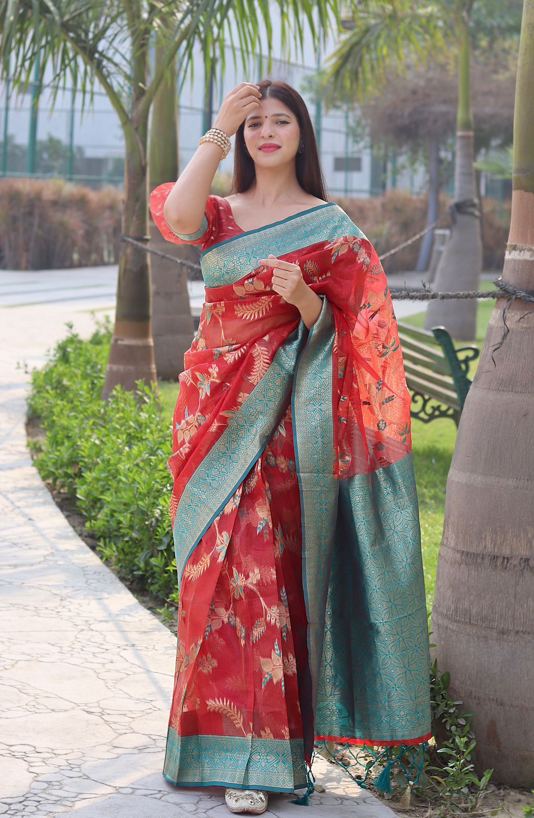 Gleamy Red Color Organza Silk Saree With Blouse Piece