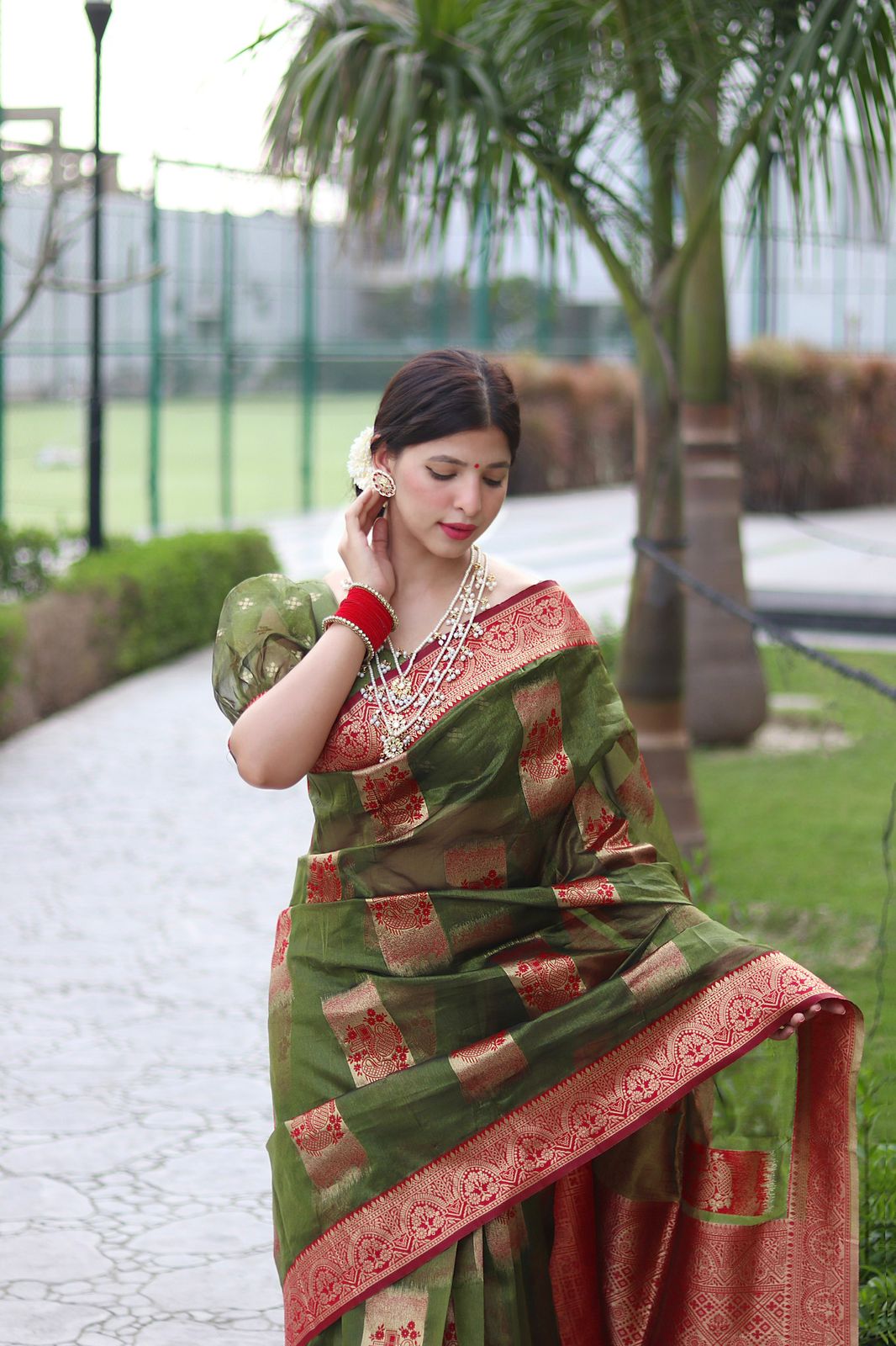 Angelic Green Color Organza Silk Saree With Blouse Piece