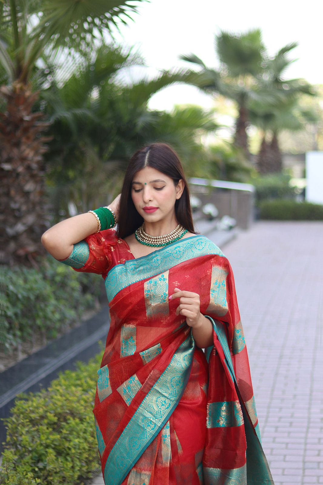 Shimmery Red Color Organza Silk Saree With Blouse Piece