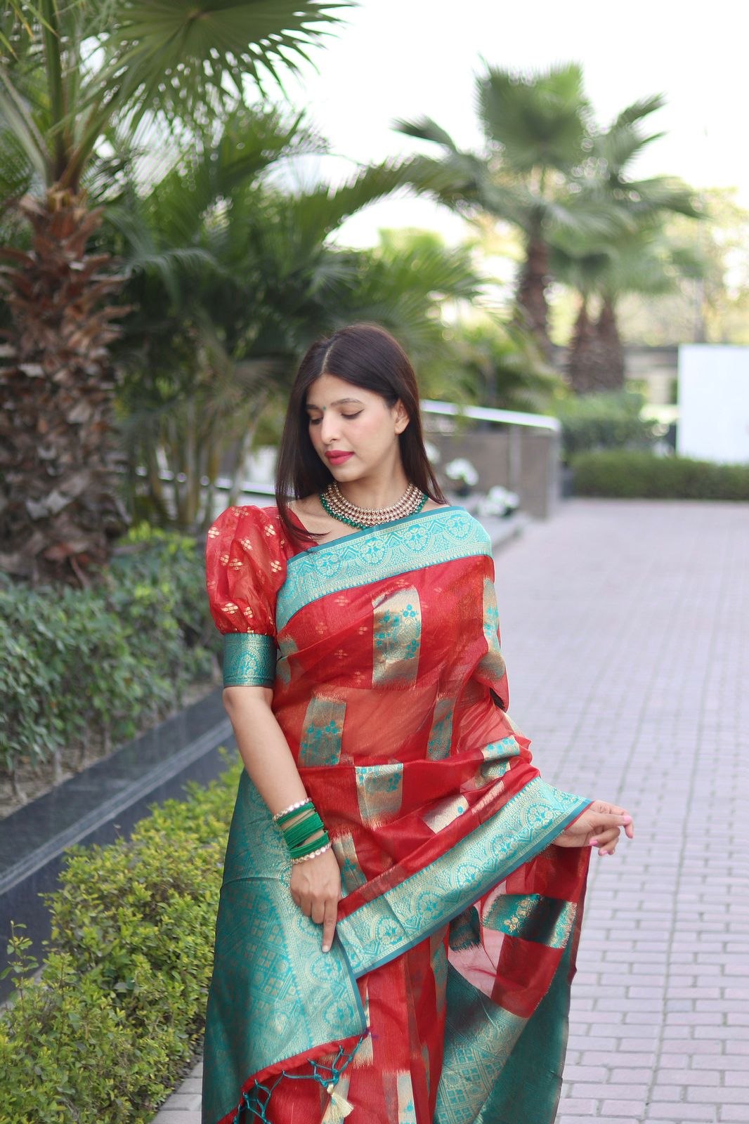 Shimmery Red Color Organza Silk Saree With Blouse Piece