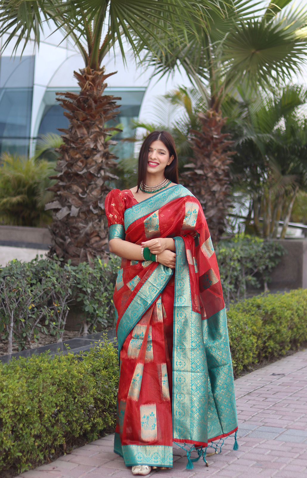 Shimmery Red Color Organza Silk Saree With Blouse Piece