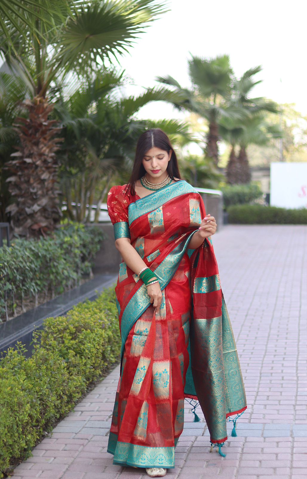 Shimmery Red Color Organza Silk Saree With Blouse Piece